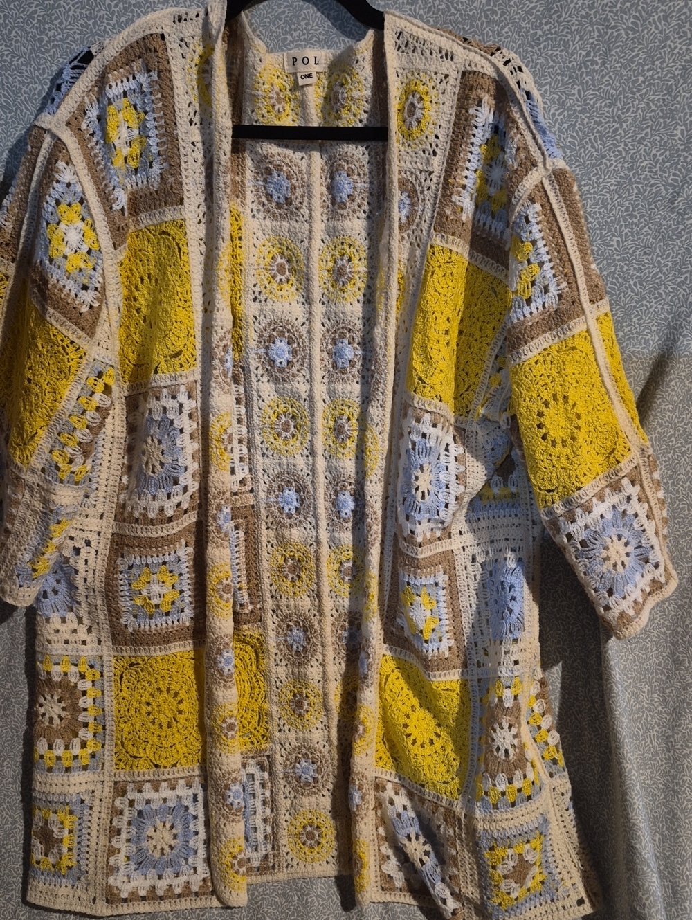 POL One Size  Crochet Patchwork Cardigan - Yellow & Cream